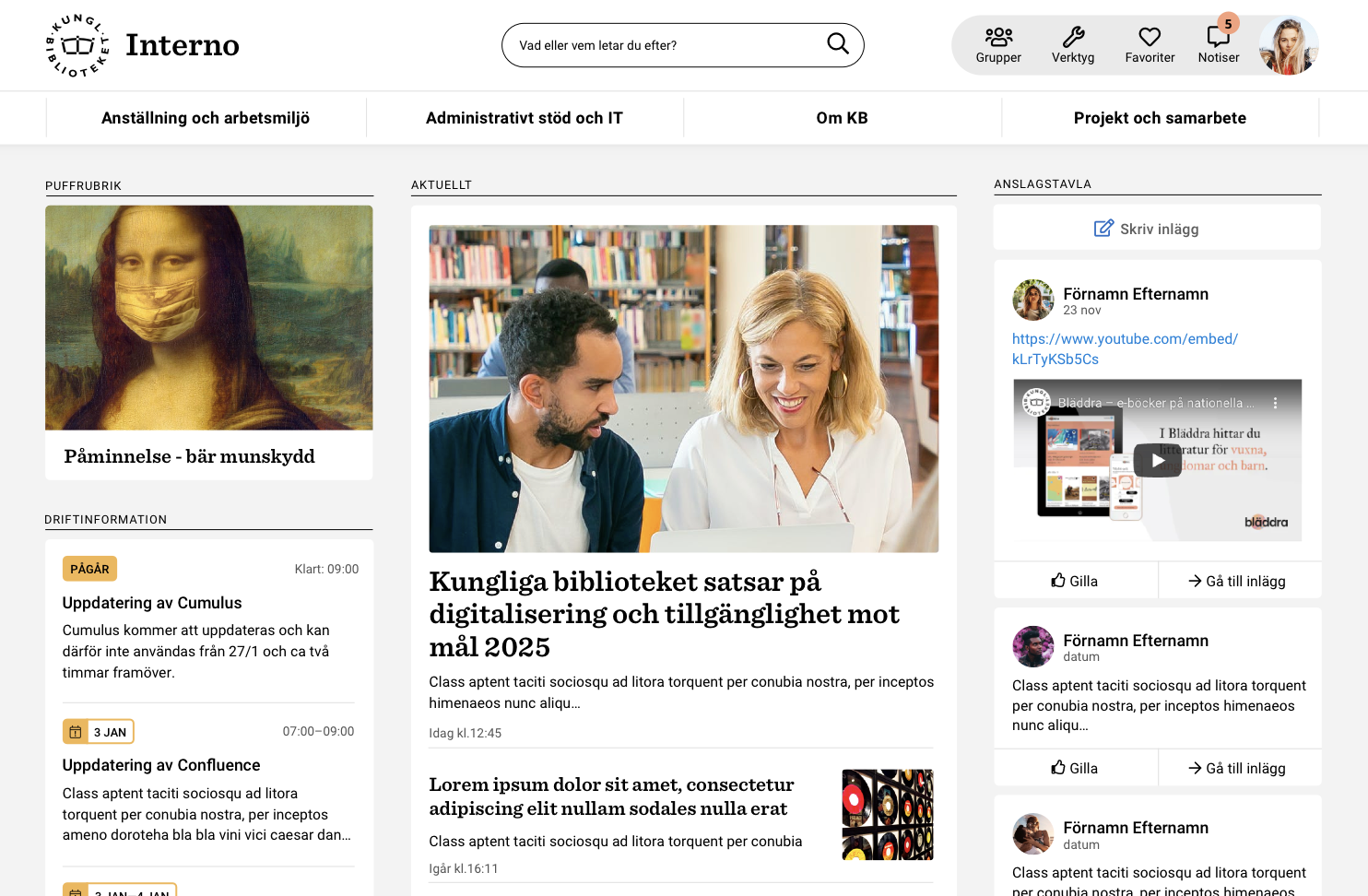 Skärmdump av Kungliga bibliotekets intranät Interno